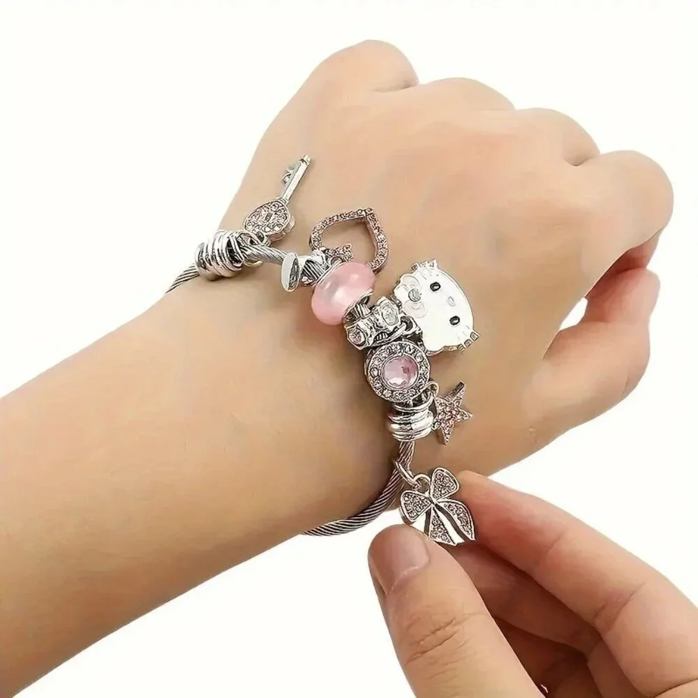 Hello Kitty Charm Bracelet Pink & Silver Cable Bangle Cute Bow Heart Star Key Ch